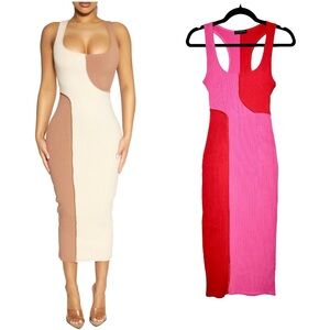 NEW Naked Wardrobe Rib Pink & Red Colorblock Racerback Midi Dress Sizes XS M & L
